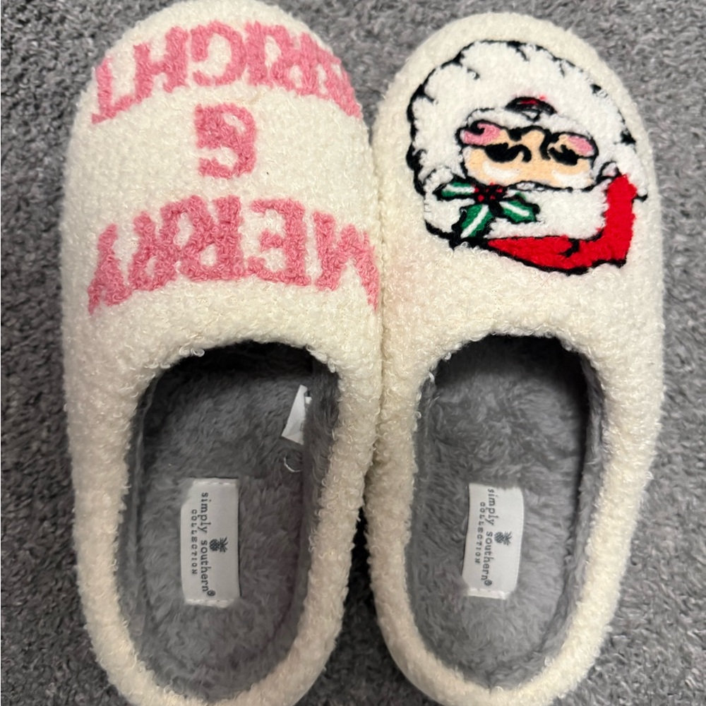 New Simply Southern Cream and Pink Santa Slippers